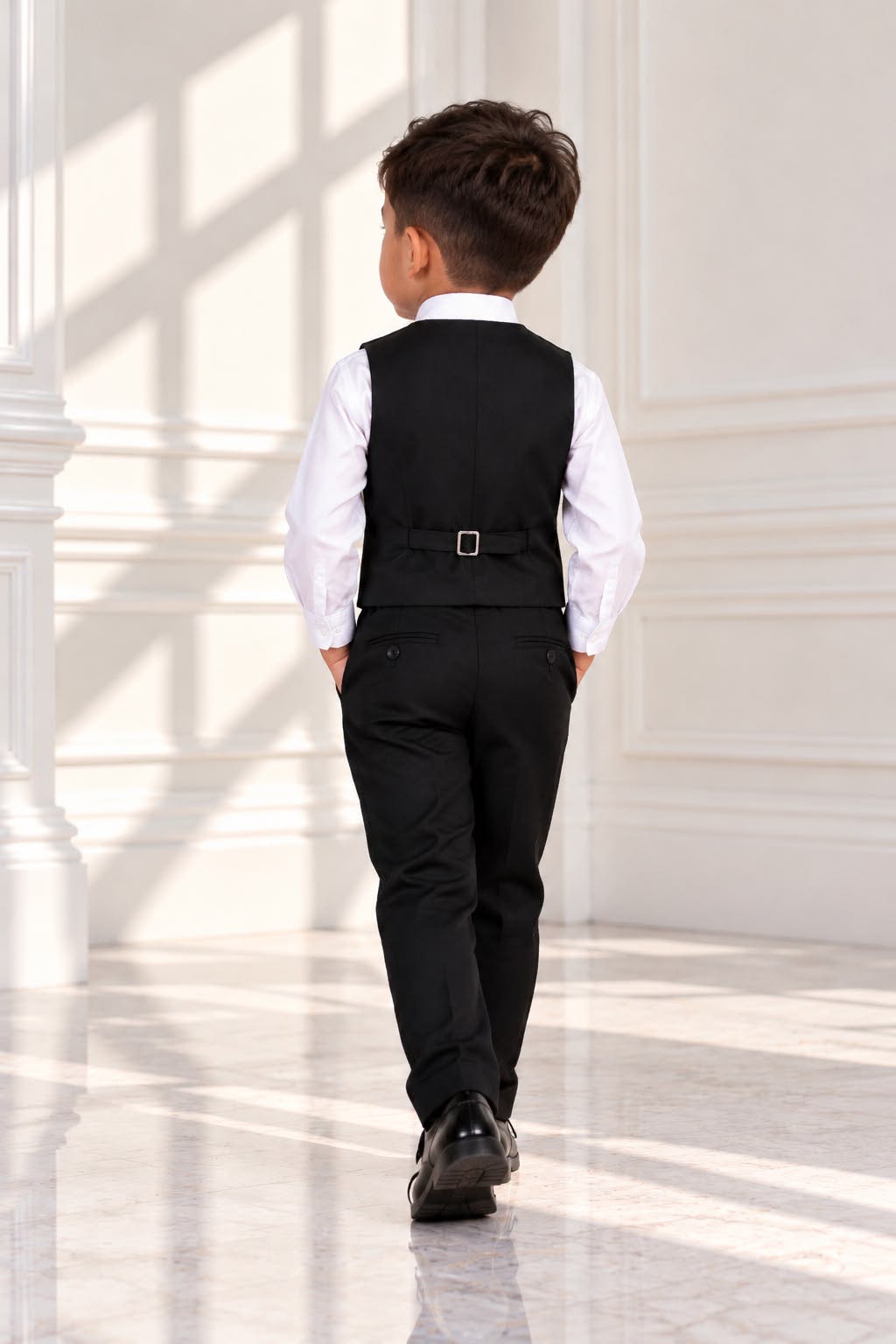 Boys’ 4-Piece Formal Shirt, Waistcoat, Tie & Trousers Set – White & Black | Size 4