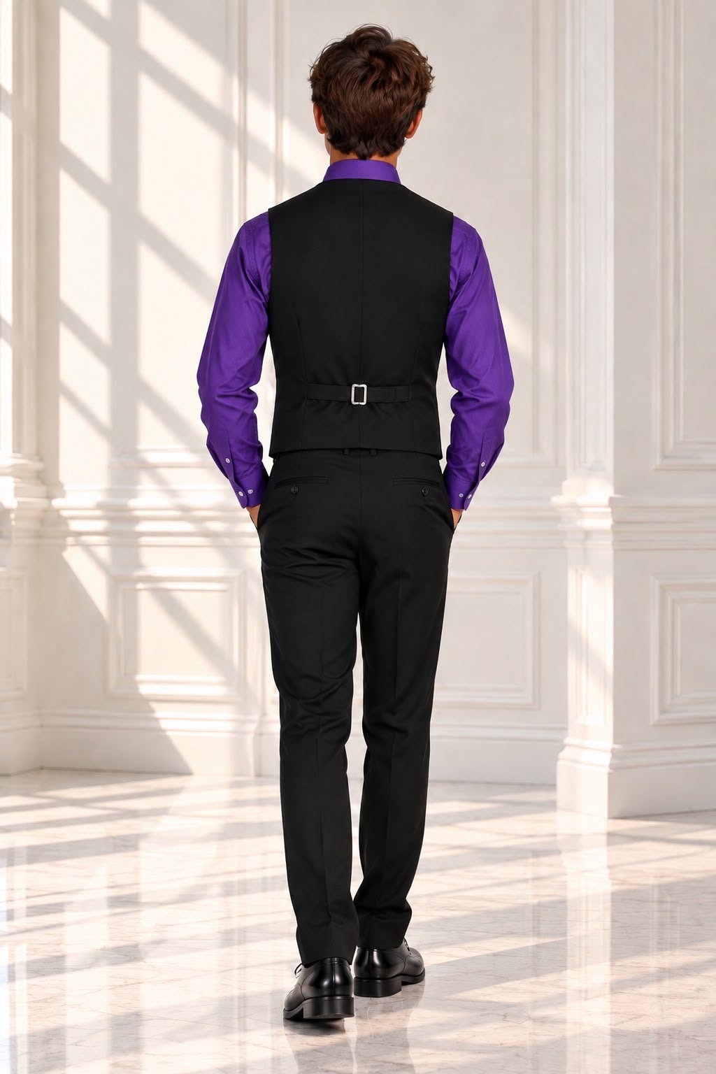 Boys’ 4-Piece Formal Shirt, Waistcoat, Tie & Trousers Set – Purple & Black | Size 18
