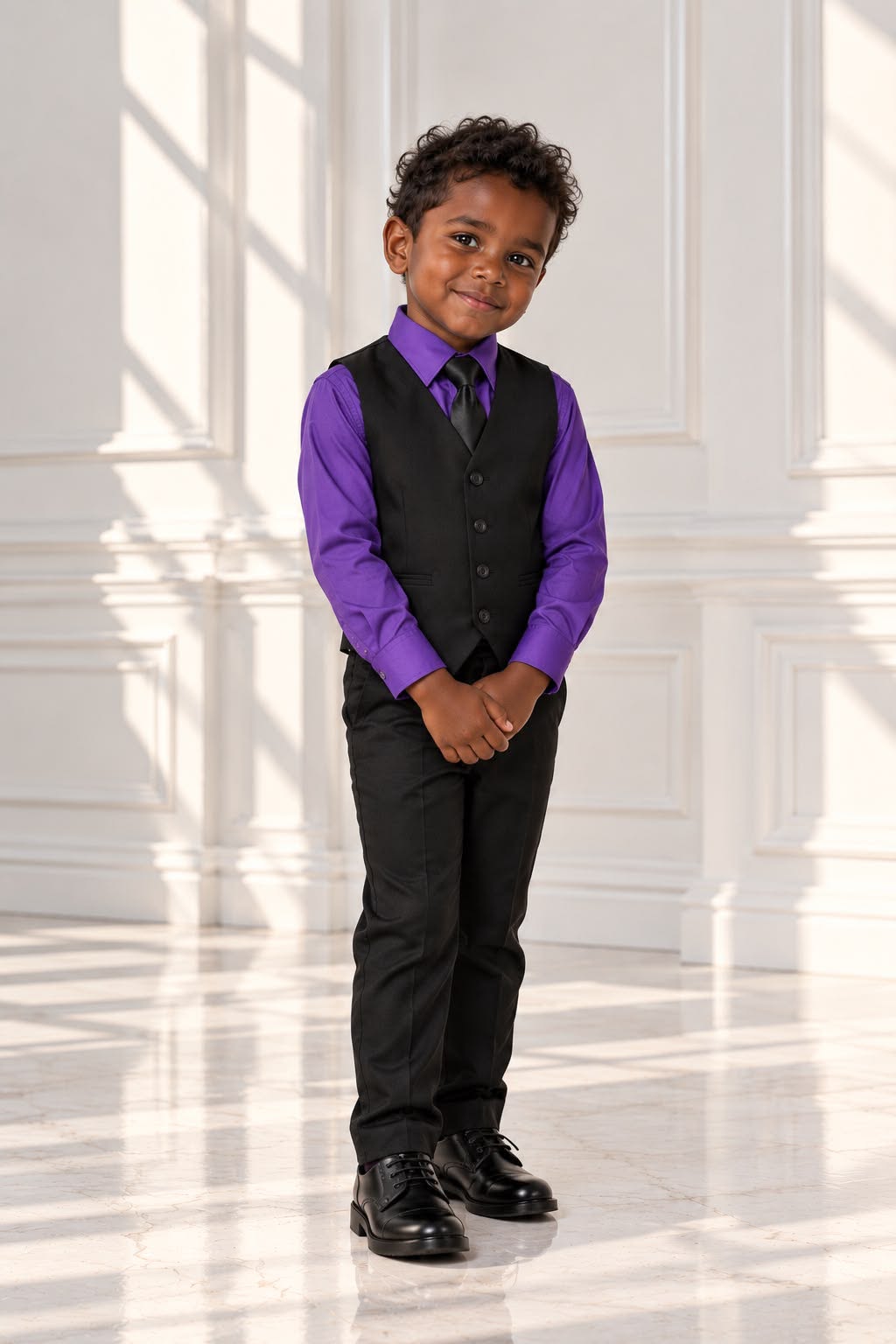 Boys’ 4-Piece Formal Shirt, Waistcoat, Tie & Trousers Set – Purple & Black | Size 6