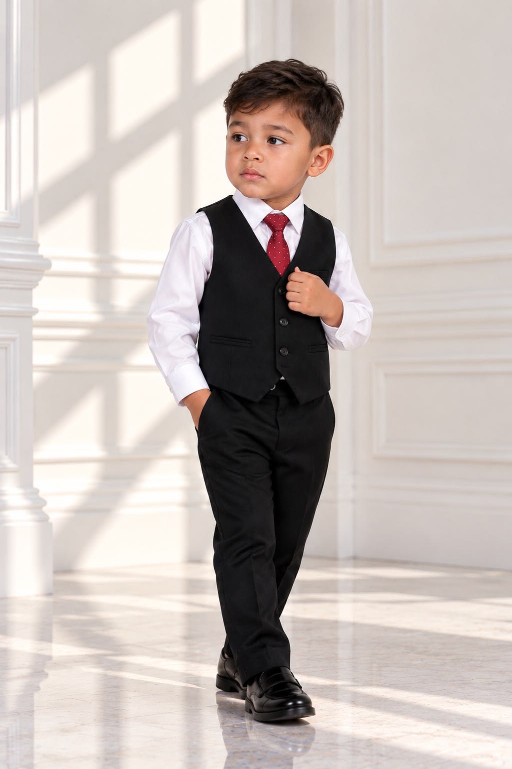 Boys’ 4-Piece Formal Shirt, Waistcoat, Tie & Trousers Set – White & Black | Size 4