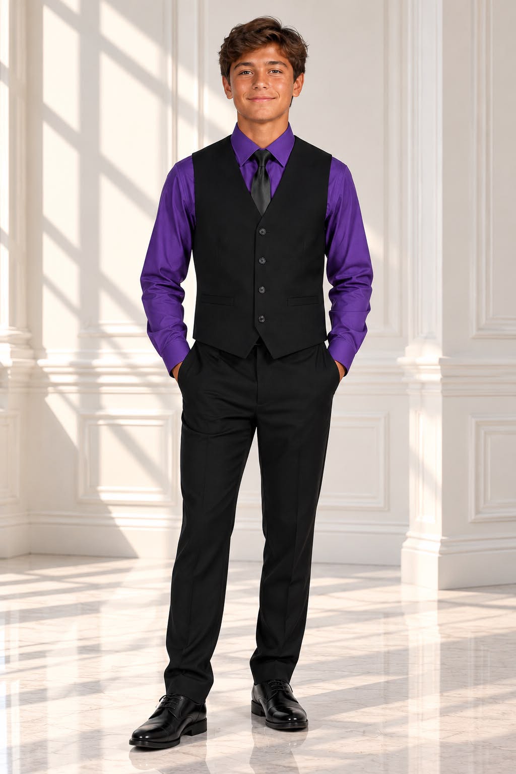 Boys’ 4-Piece Formal Shirt, Waistcoat, Tie & Trousers Set – Purple & Black | Size 18