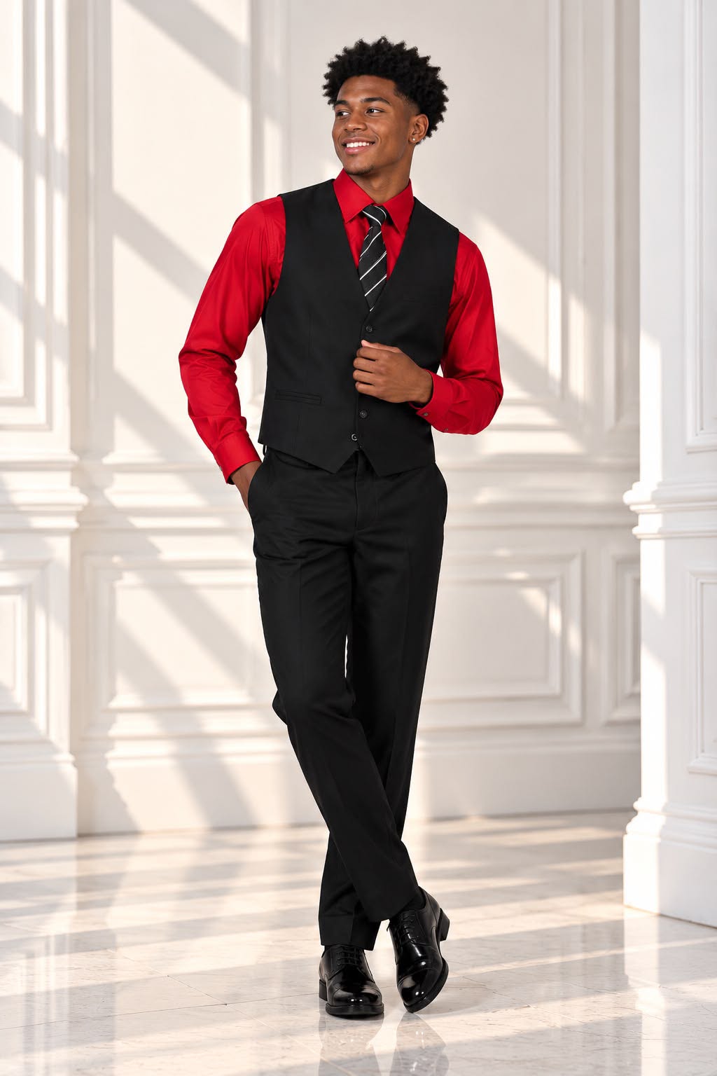 Boys’ 4-Piece Formal Shirt, Waistcoat, Tie & Trousers Set – Red & Black | Size 20