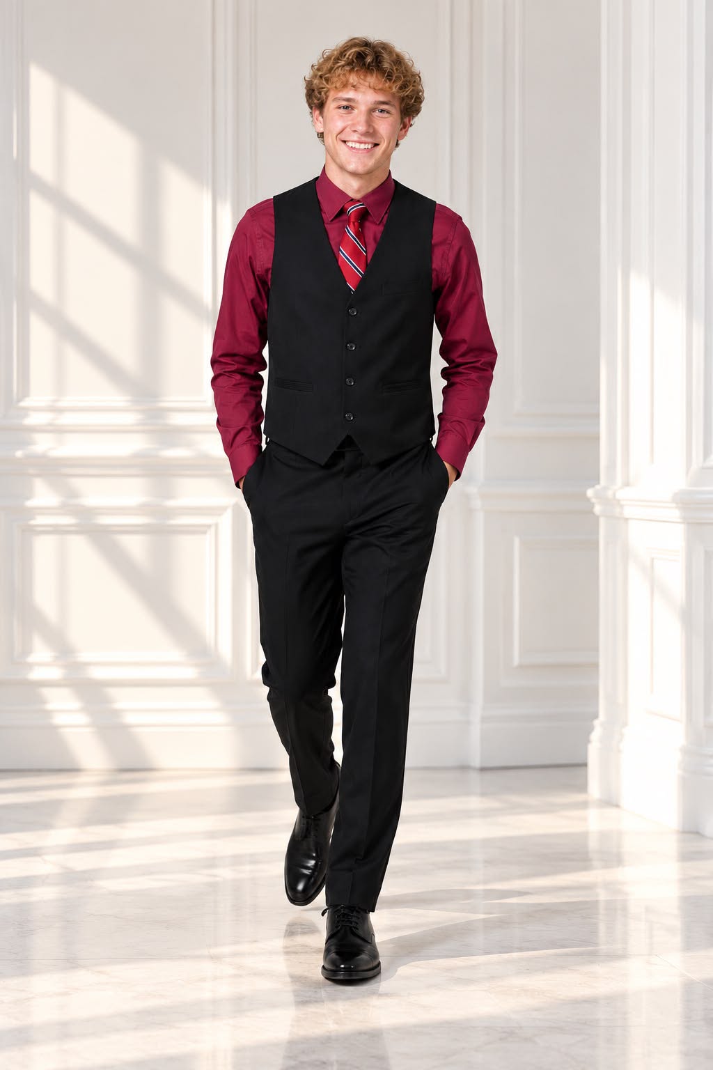 Boys’ 4-Piece Formal Shirt, Waistcoat, Tie & Trousers Set – Burgundy & Black | Size 20