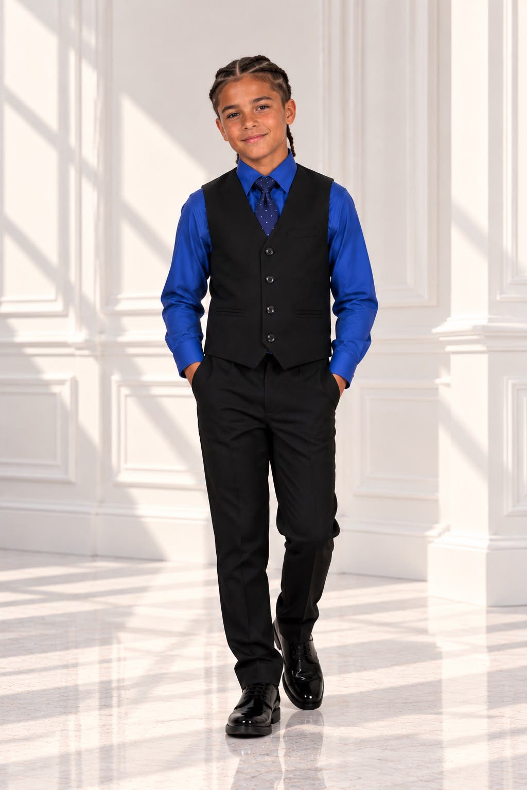 Boys’ 4-Piece Formal Shirt, Waistcoat, Tie & Trousers Set – Royal Blue & Black | Size 14