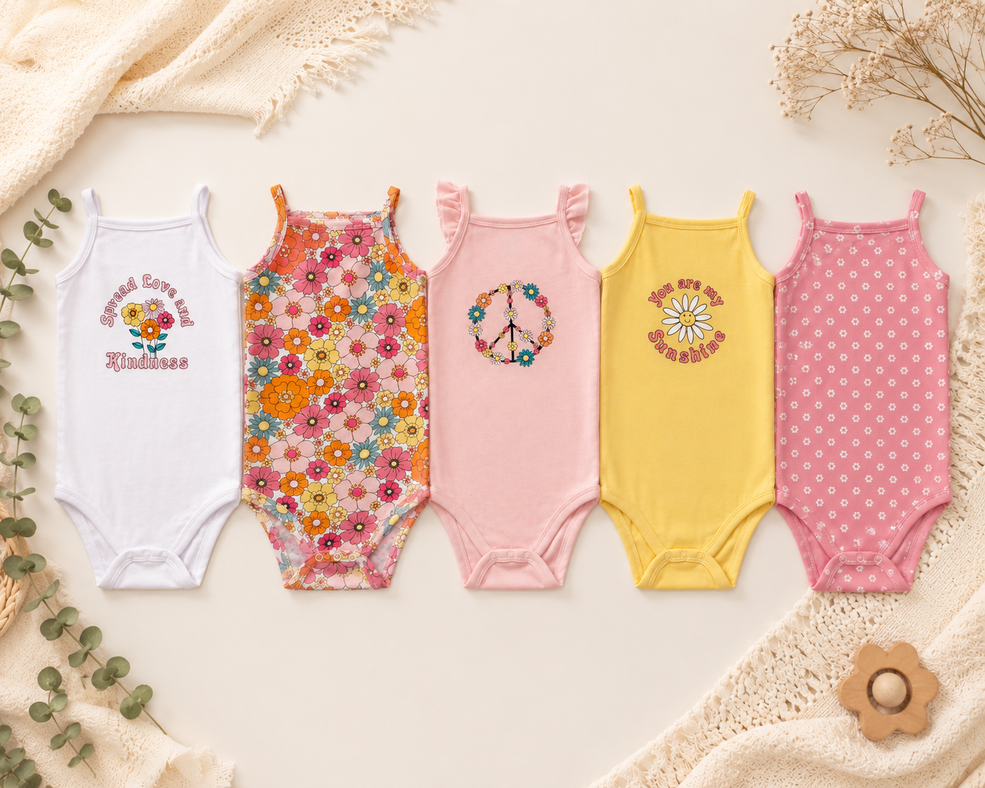 Infant Girls Sleeveless Bodysuit 5-Pack – Floral & Pastel Prints