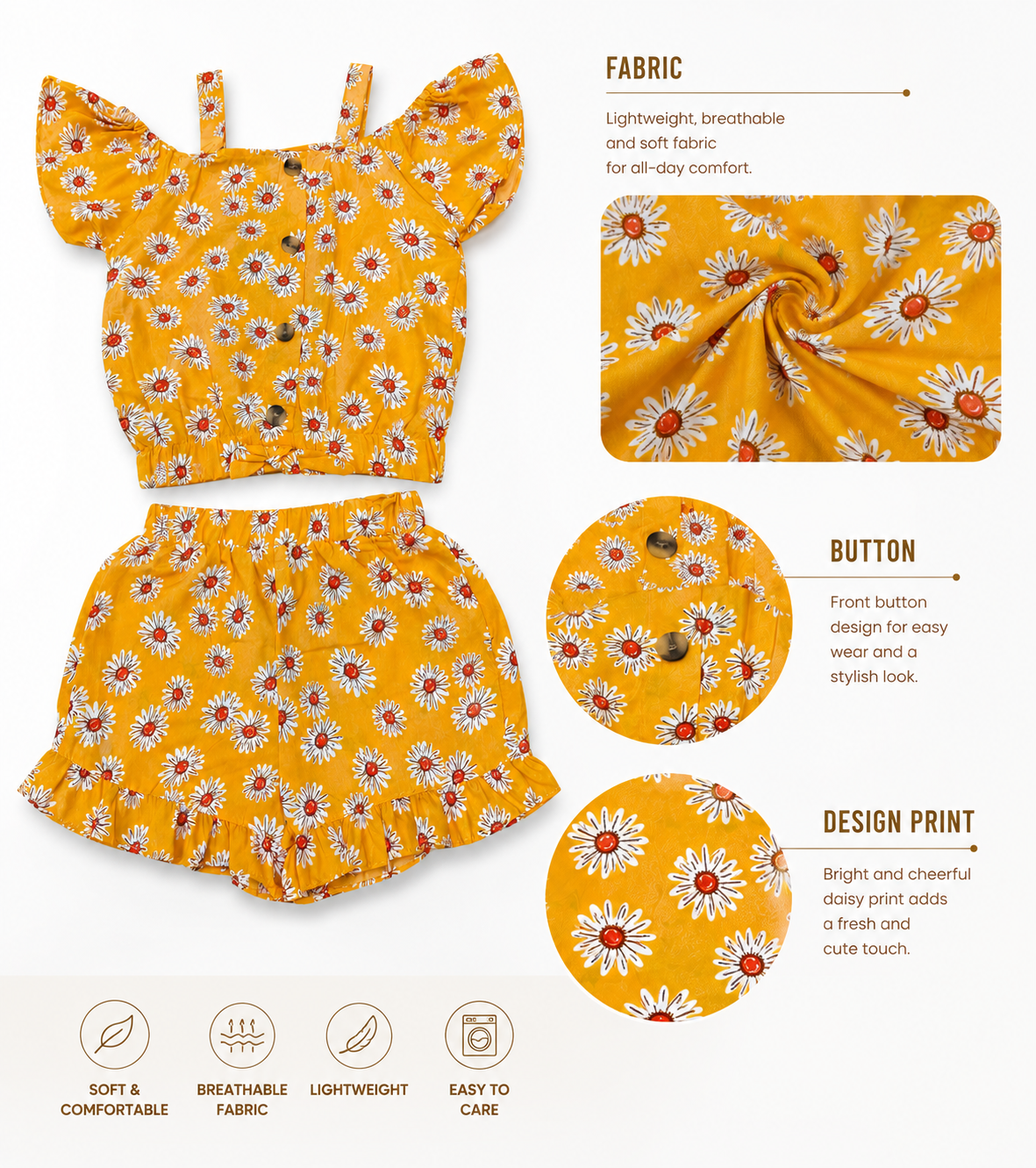 Girls' Daisy Print Two-Piece Outfit | Mustard Yellow | 2T–4T