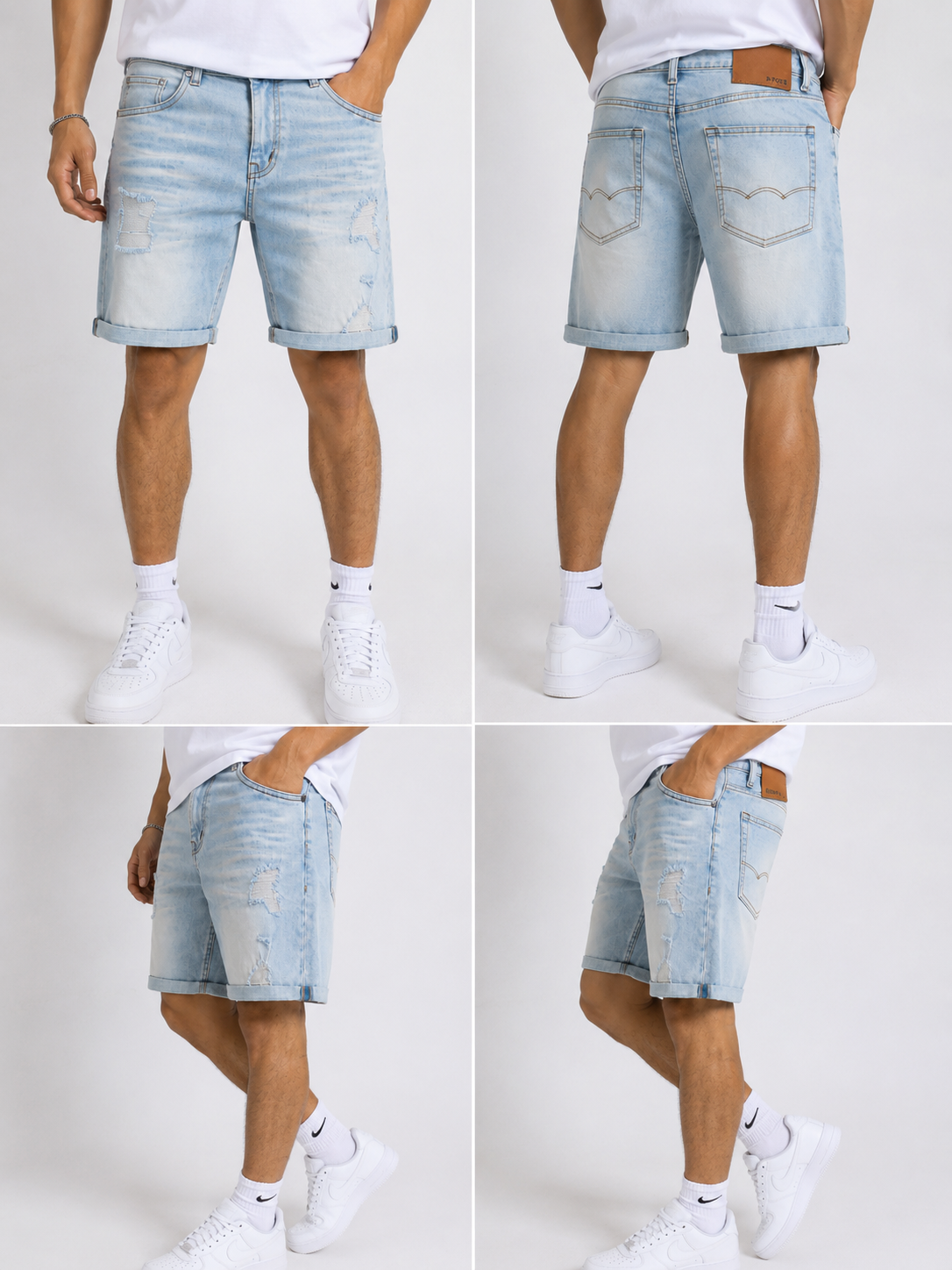 Men's Light Wash Distressed Denim Shorts | Casual Stretch Fit