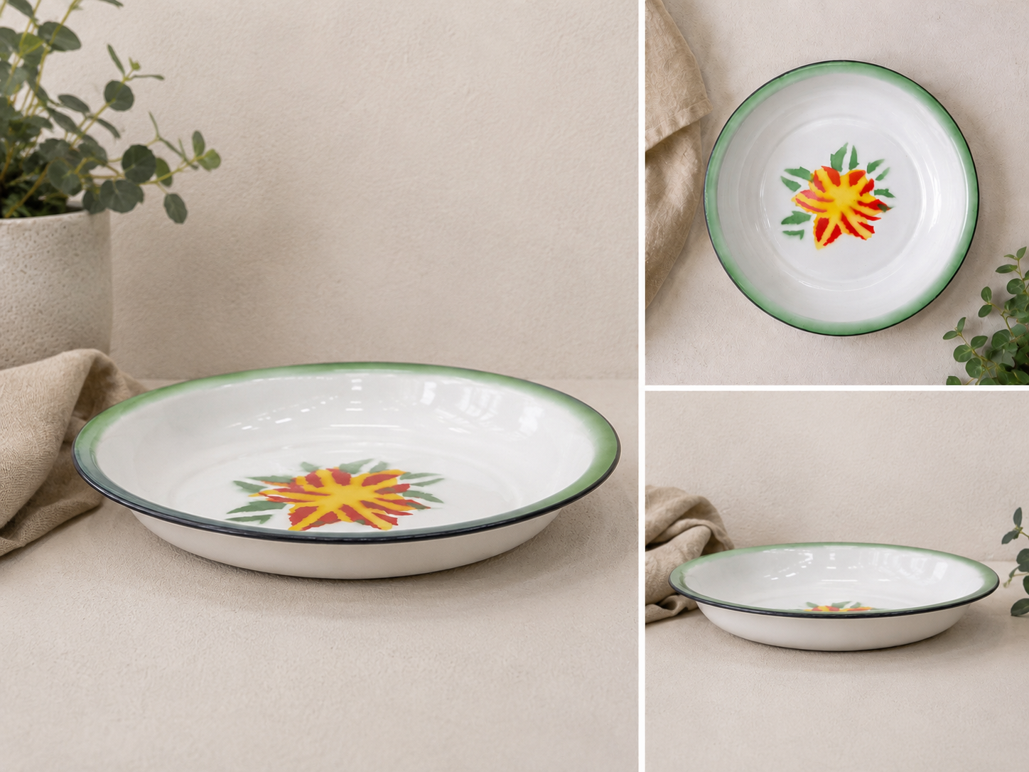 Floral Enamel Tin Plate with Blue Rim – 27 cm