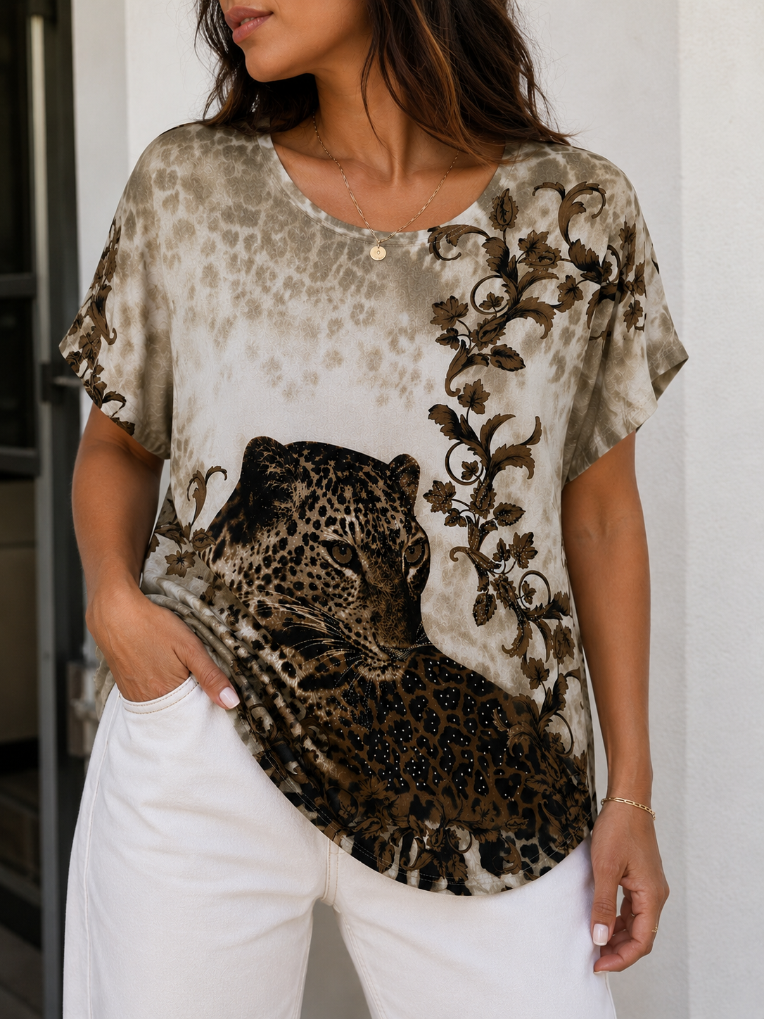 Ladies Printed Diamante Blouse – Khaki Print