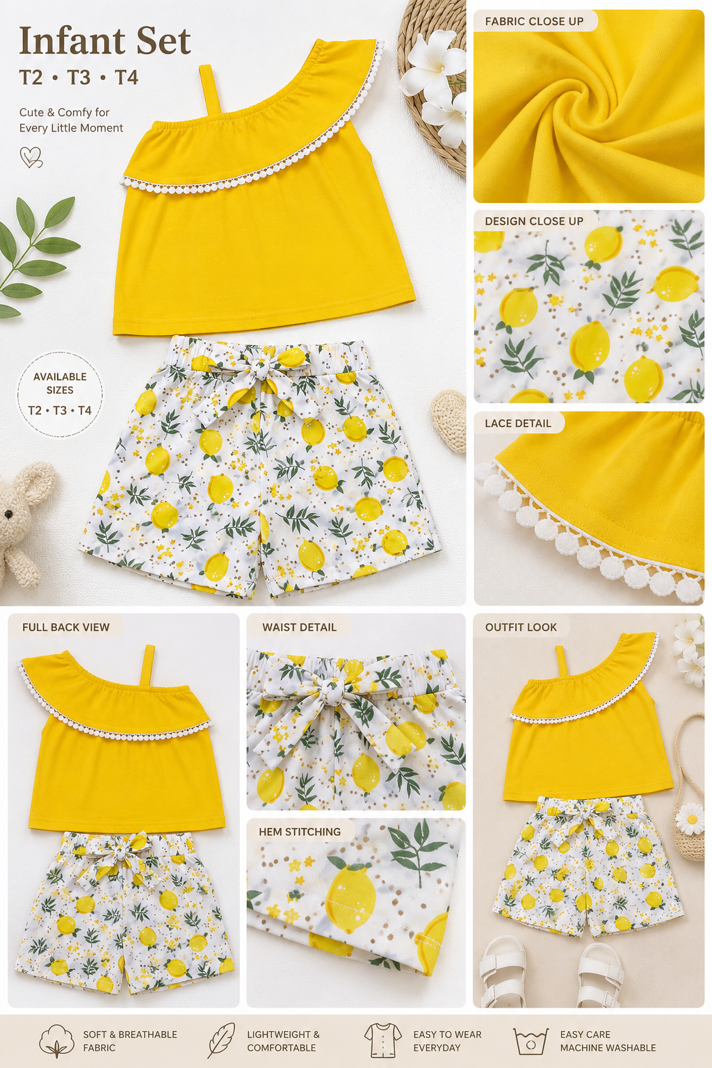 Girls' Lemon Print One-Shoulder Summer Set | Toddler Outfit | T2–T4