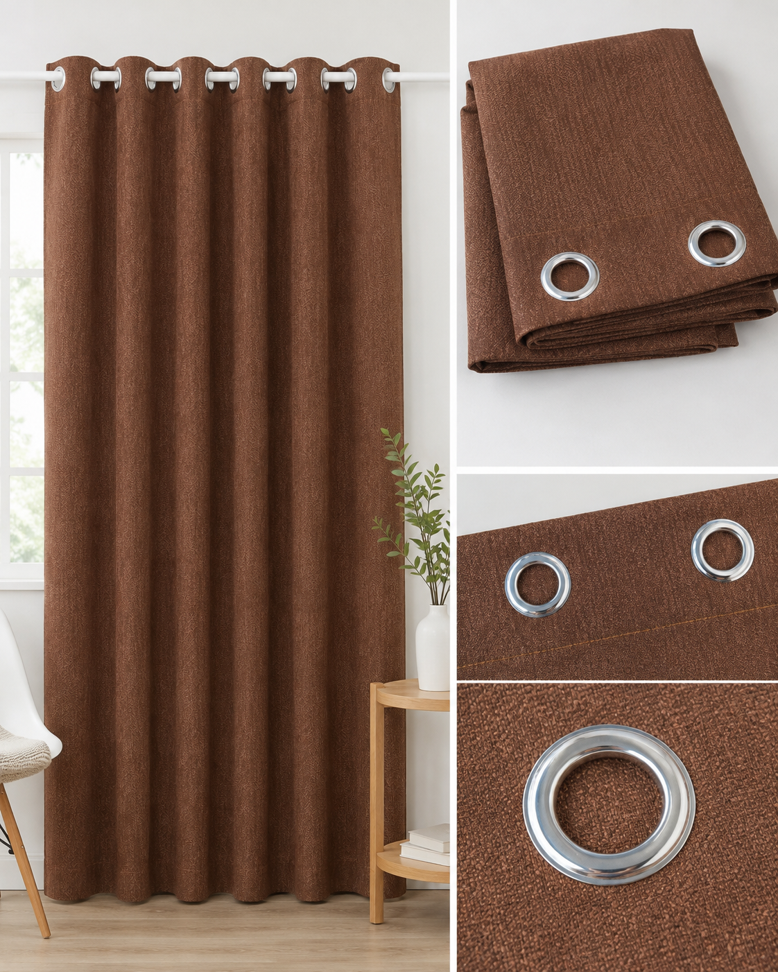 Brown Polyester Ring-Top Window Curtain – 140 × 150 cm