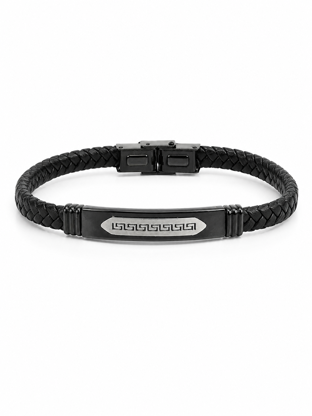 Braided Leather Style Fashion Bracelet – Black Stainless Steel Look
