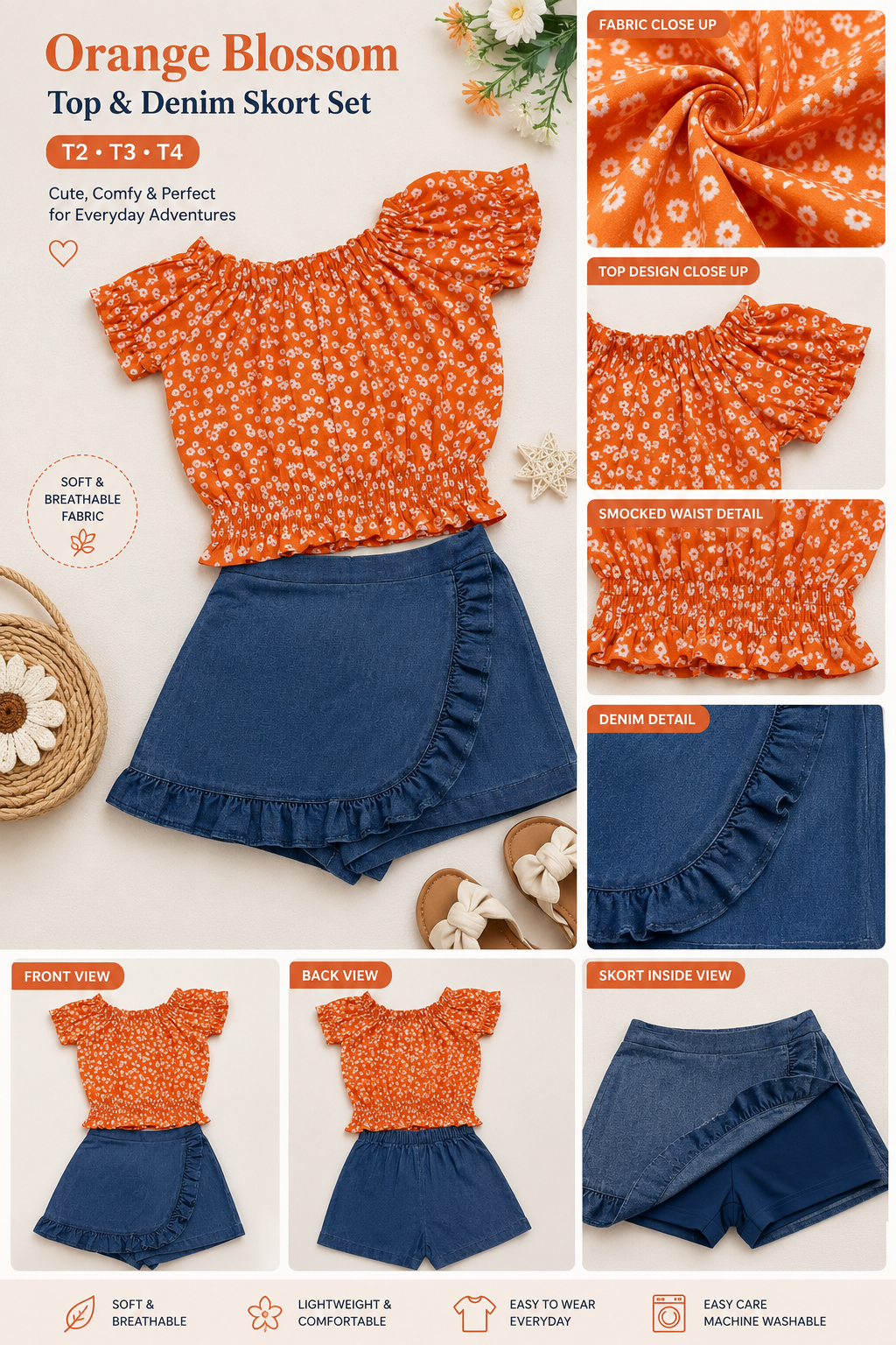 Girls' Floral & Orange Top & Denim Skort Set | Toddler Outfit | T2–T4