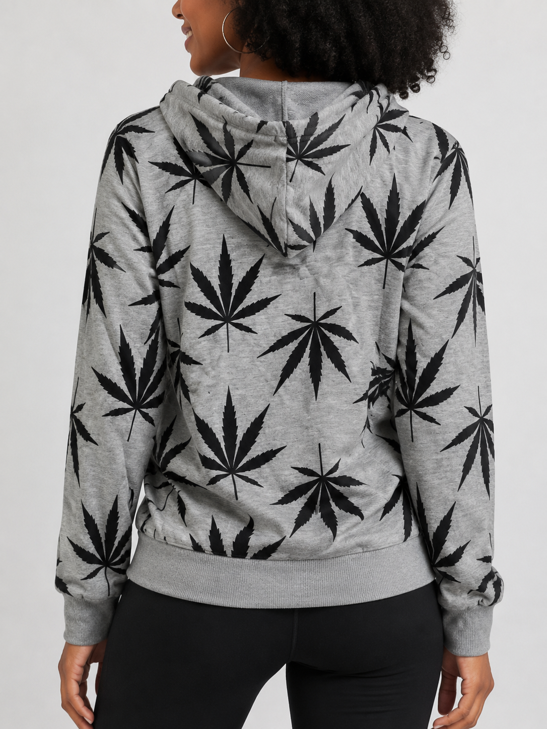 Ladies Leaf Print Zip-Up Hoodie – Grey