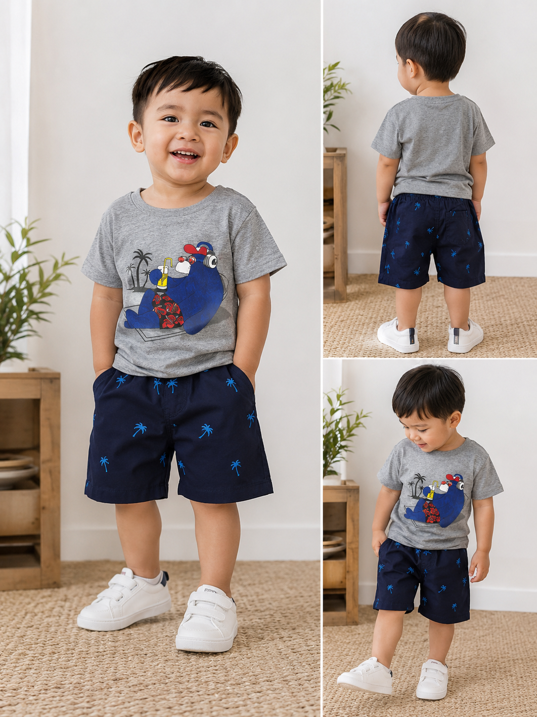 Teddy Boom Boys 2-Piece Shorts Set | Grey Bear Print | 18–24 Months