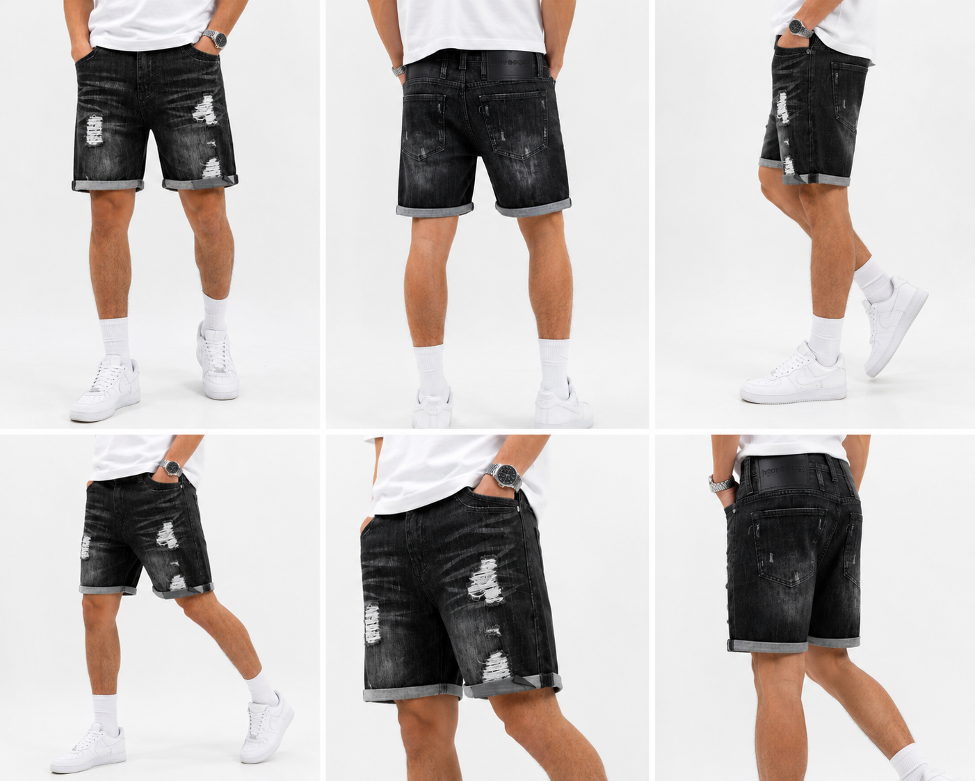Men's Black Distressed Denim Shorts | Rolled Hem