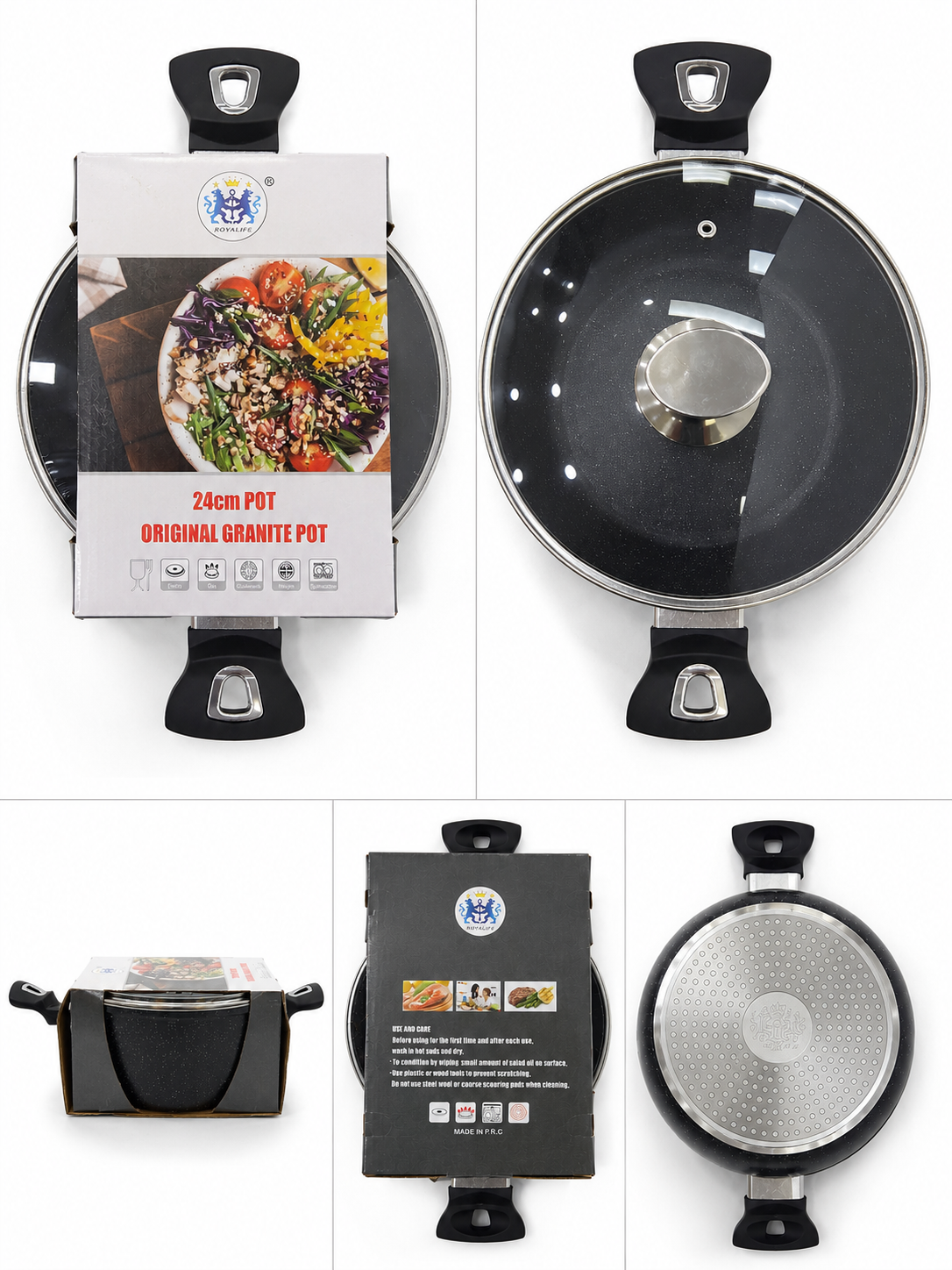 Royalife 24cm Granite Cooking Pot with Glass Lid (RM-24)
