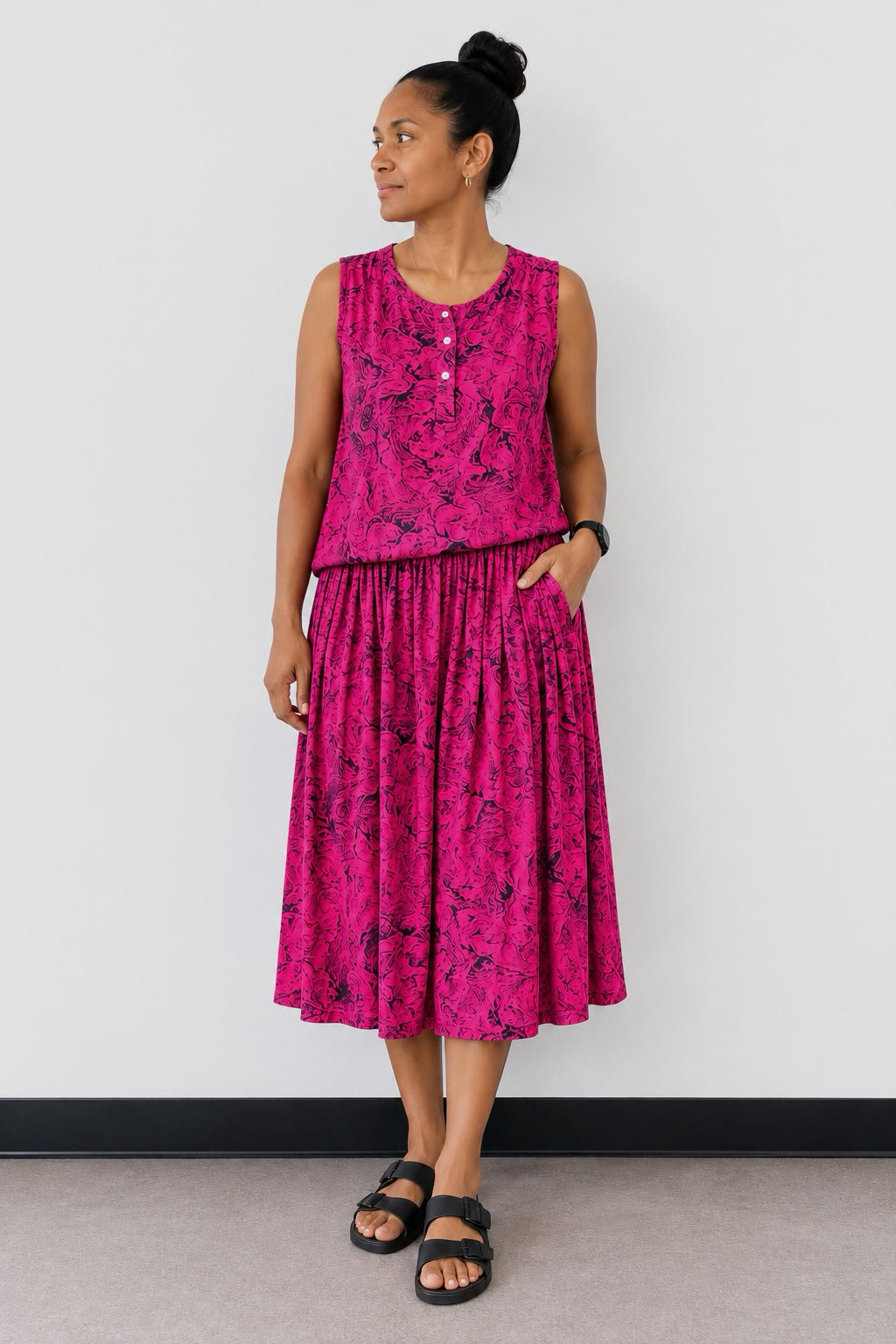 Ladies Pink Printed Sleeveless Top & Midi Skirt Set