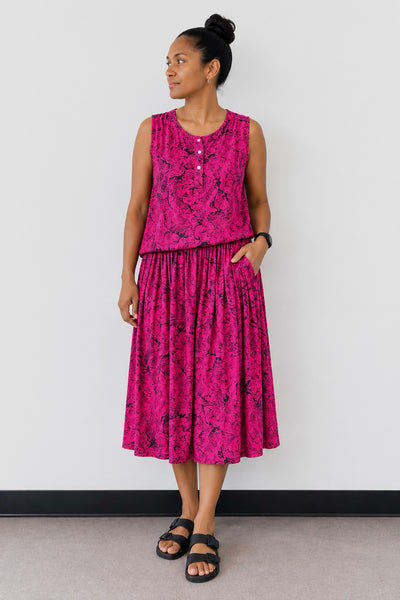 Ladies Pink Printed Sleeveless Top & Midi Skirt Set