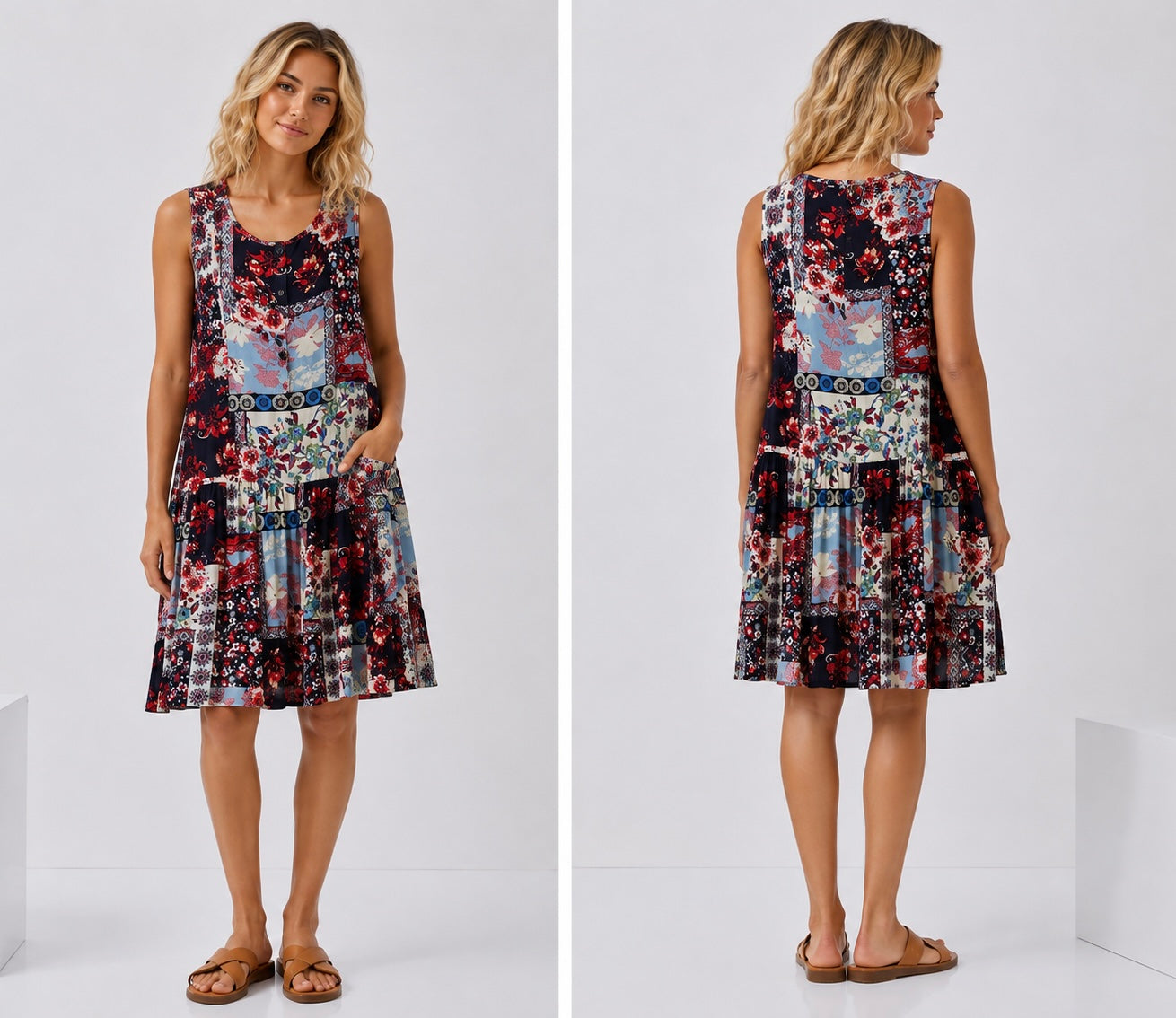 Patchwork Print Drop Waist Dress