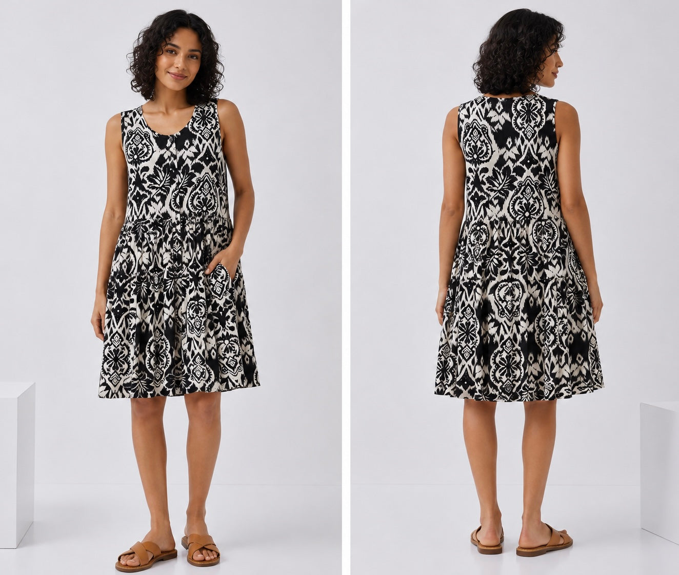 Black & White Print Drop Waist Dress