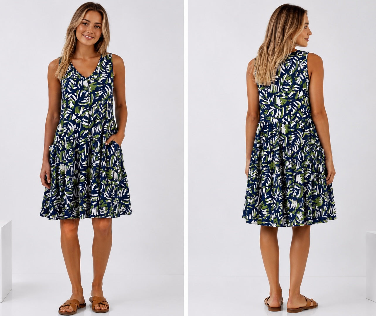 Navy Leaf Print Drop Waist Dress