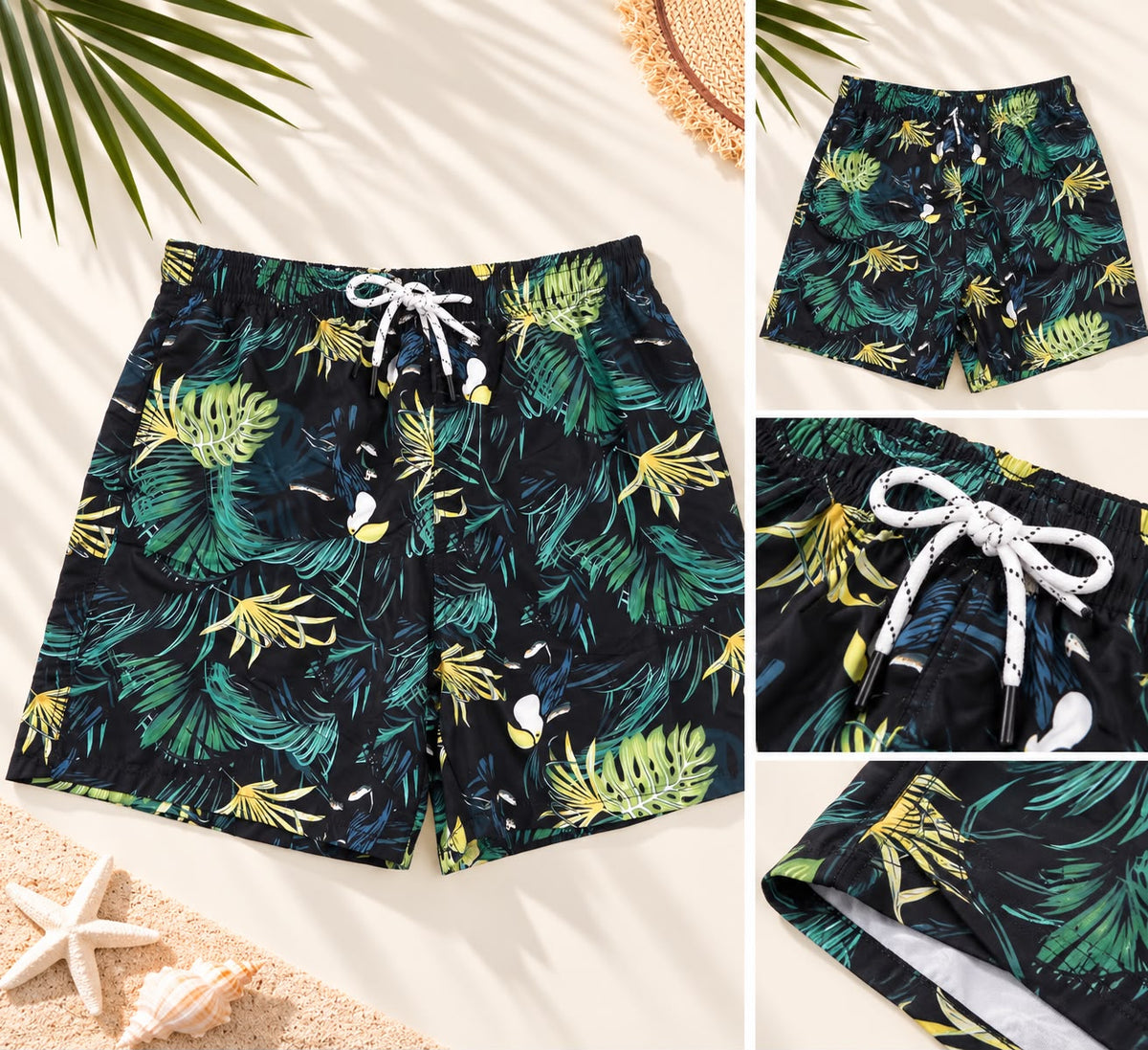 Toucan & Tropical Leaf Print Drawstring Shorts – Black