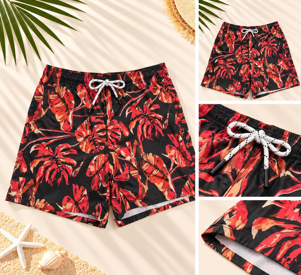 Tropical Leaf Print Drawstring Shorts – Black & Red