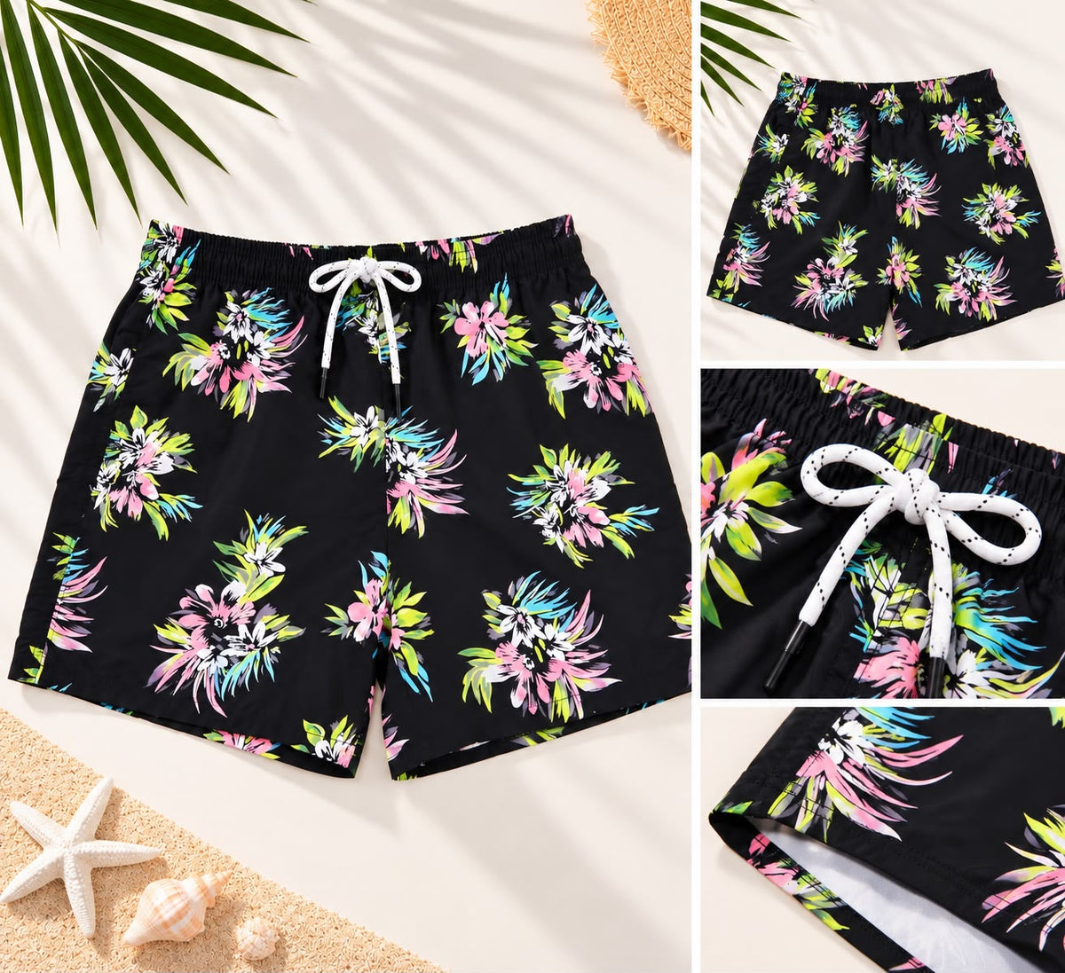 Colourful Floral Print Drawstring Shorts – Black