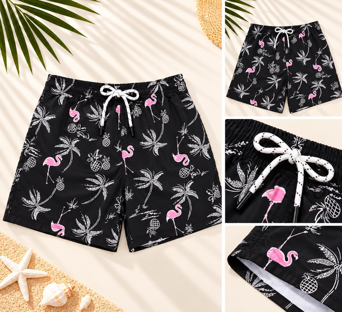 Flamingo & Tropical Print Drawstring Shorts – Black