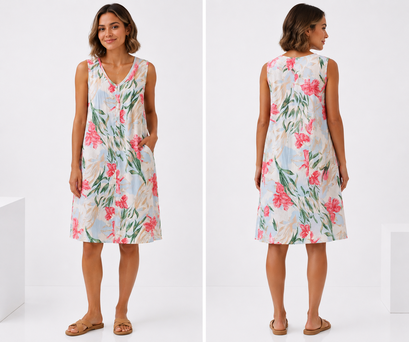 White Tropical Floral Sleeveless Dress
