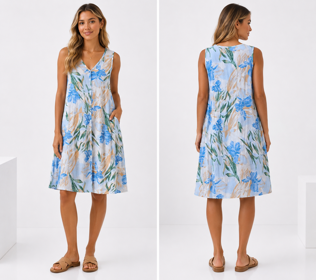 Blue Floral Sleeveless A-Line Dress