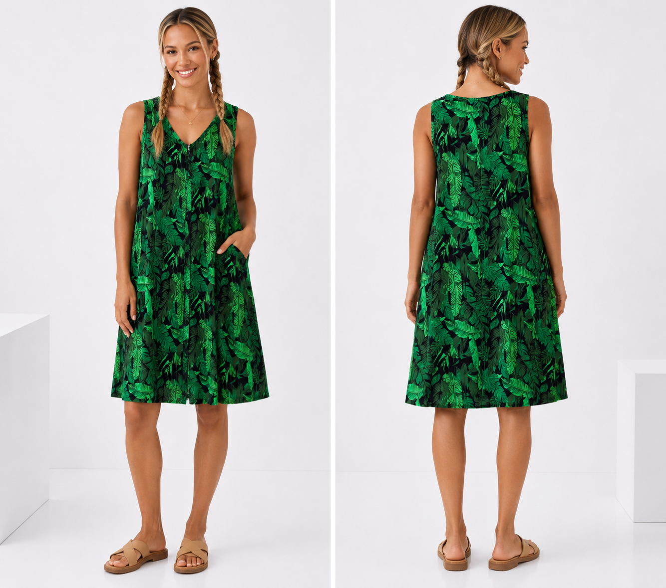 Ladies Green Tropical Leaf Print Sleeveless Dress
