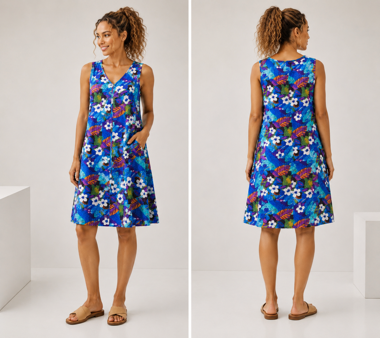 Blue Tropical Floral Zip-Front Dress