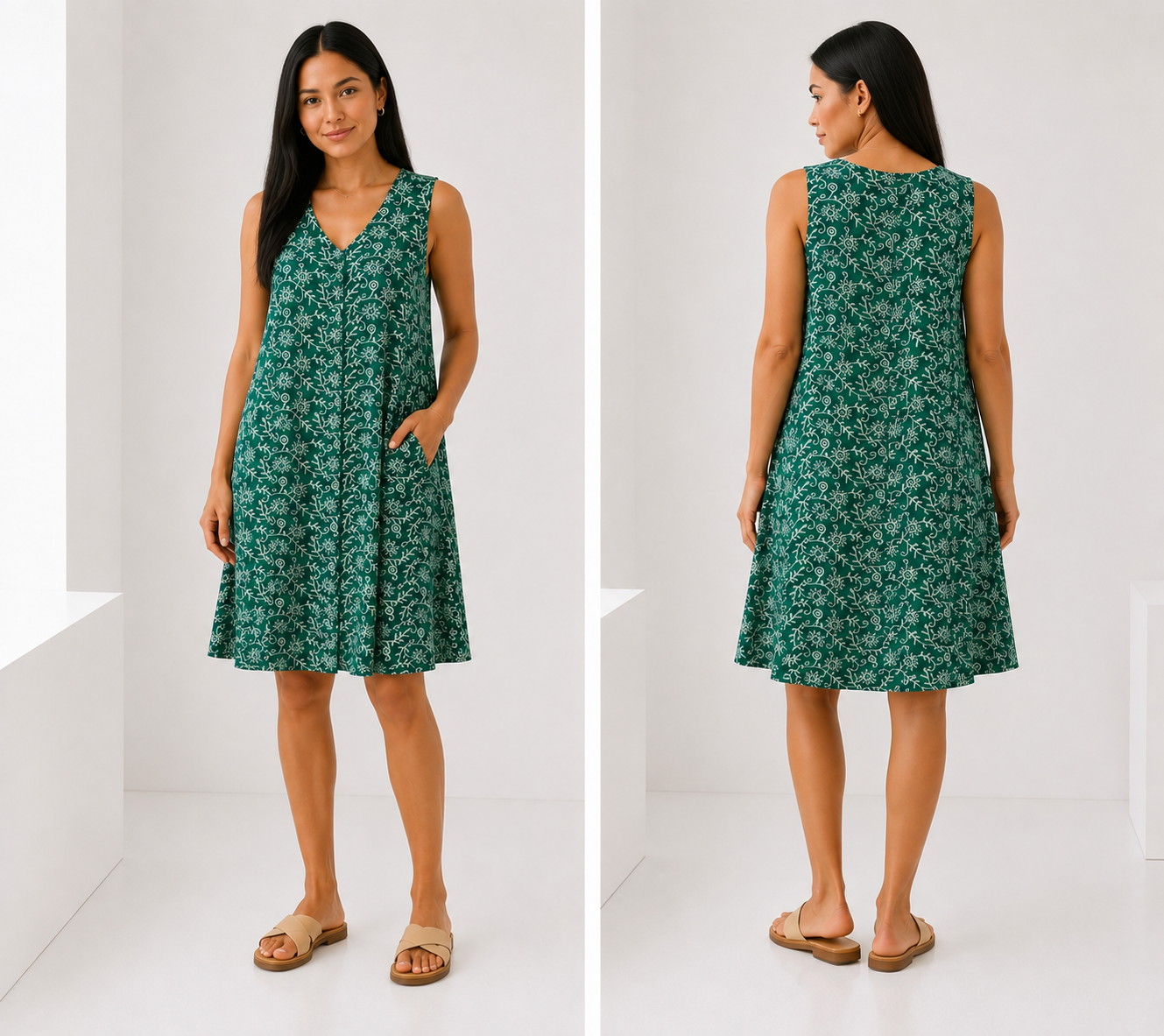 Green Botanical Print Sleeveless Dress