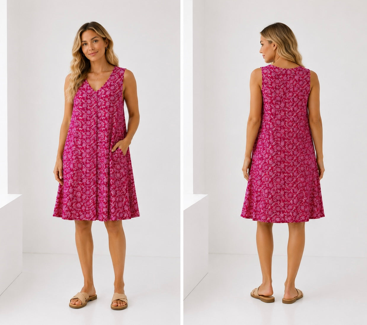 Pink Floral Print Sleeveless A-Line Dress