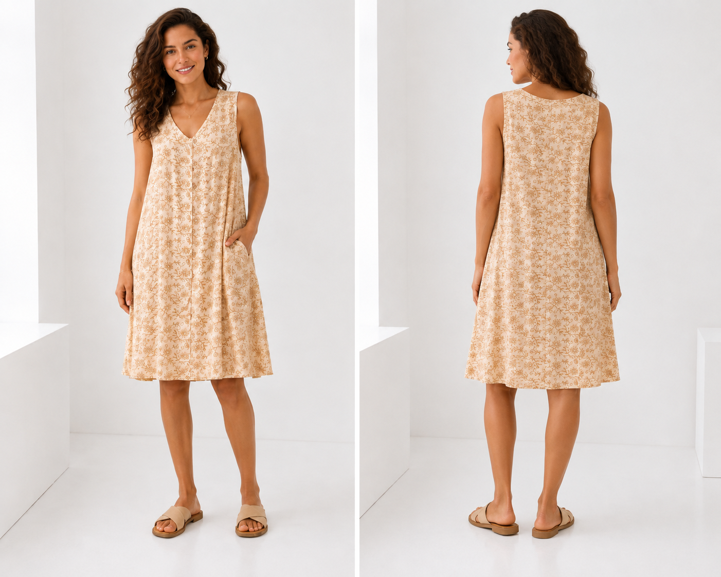 Beige Floral Sleeveless Midi Dress
