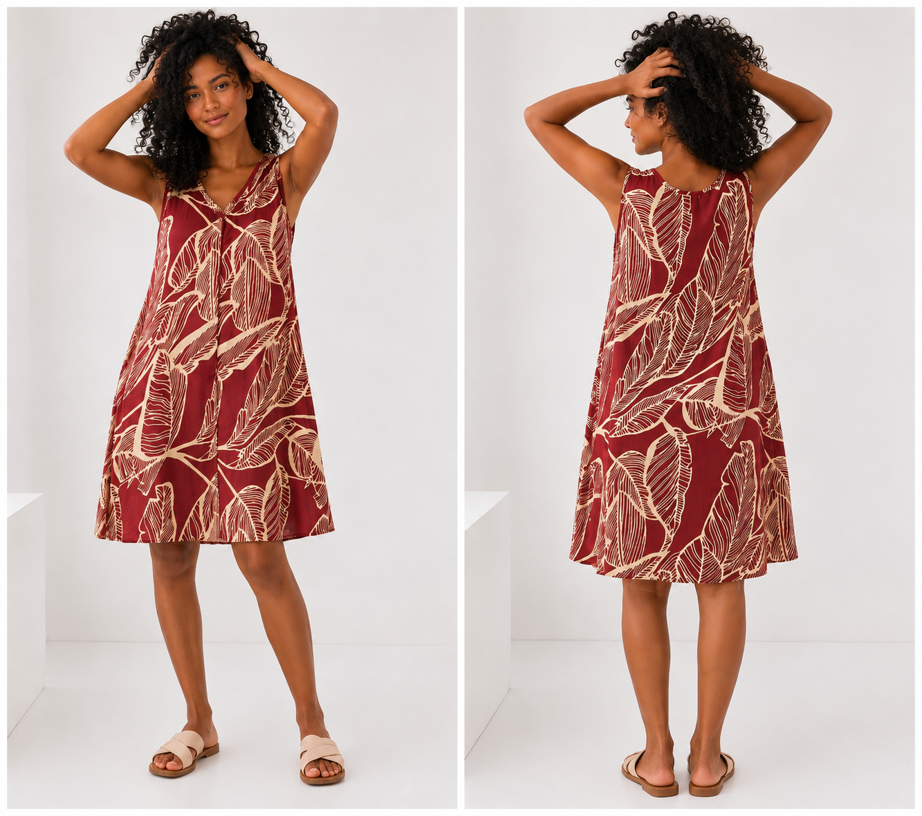 Rust Leaf Print Sleeveless Dress
