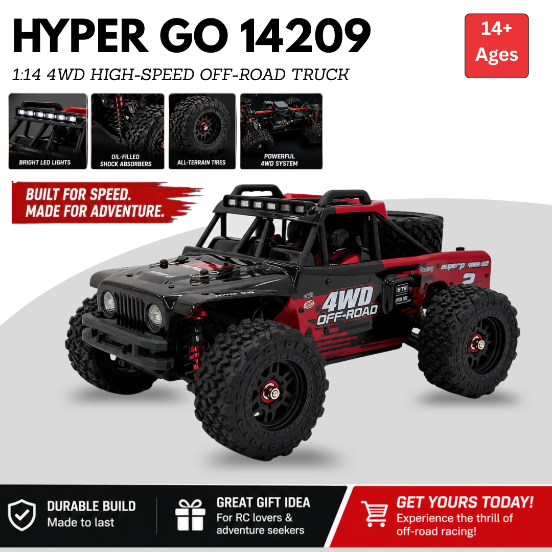 HYPER GO 14209 1:14 Scale 4WD High-Speed RC Off-Road Truck with LED Lights & Oil-Filled Shocks (RTR)