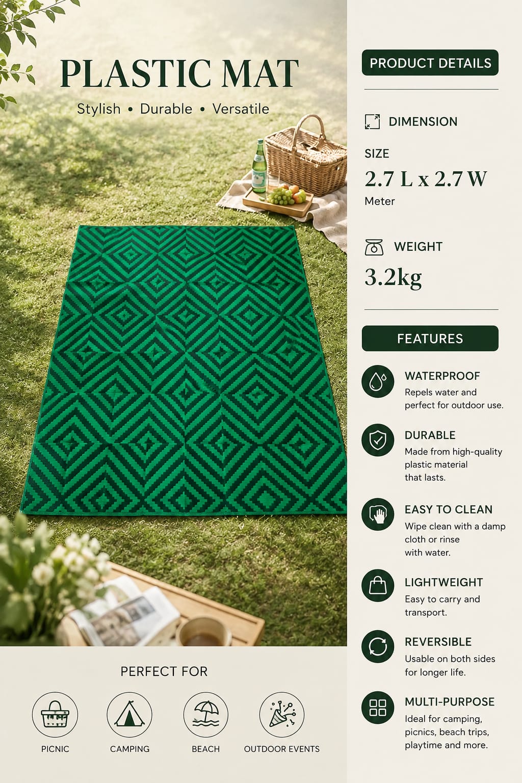 Folding Plastic Outdoor Mat – 2.7 × 2.7m