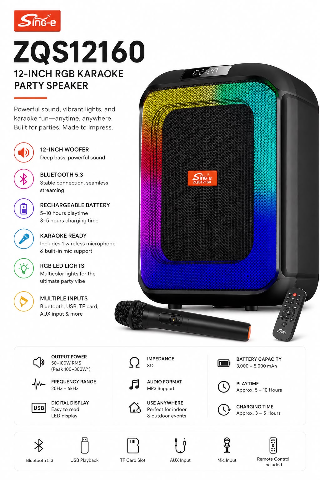 ZQS12160 12-Inch Bluetooth RGB Karaoke Party Speaker