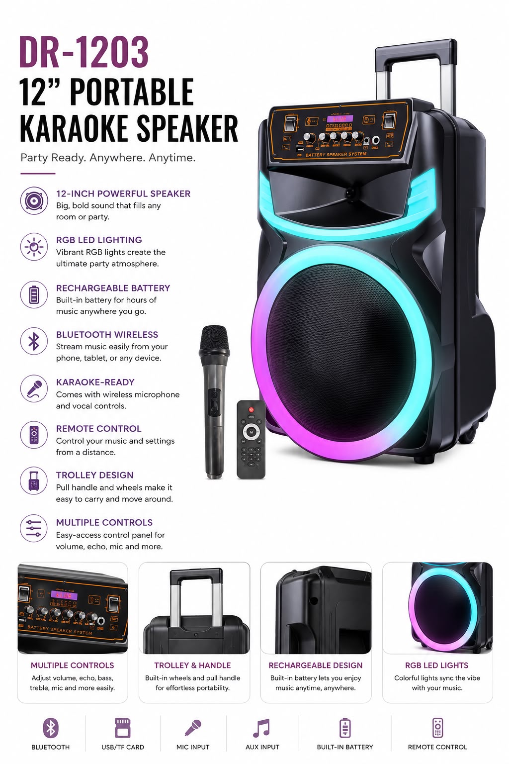 DR-1203 12-Inch Portable Bluetooth Karaoke Speaker with RGB Lights