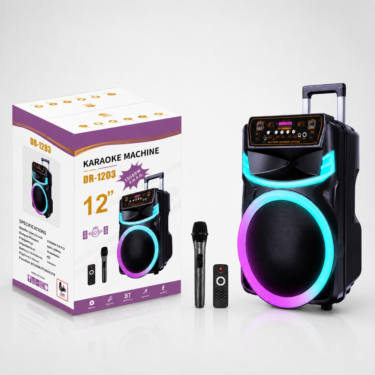 DR-1203 12-Inch Portable Bluetooth Karaoke Speaker with RGB Lights