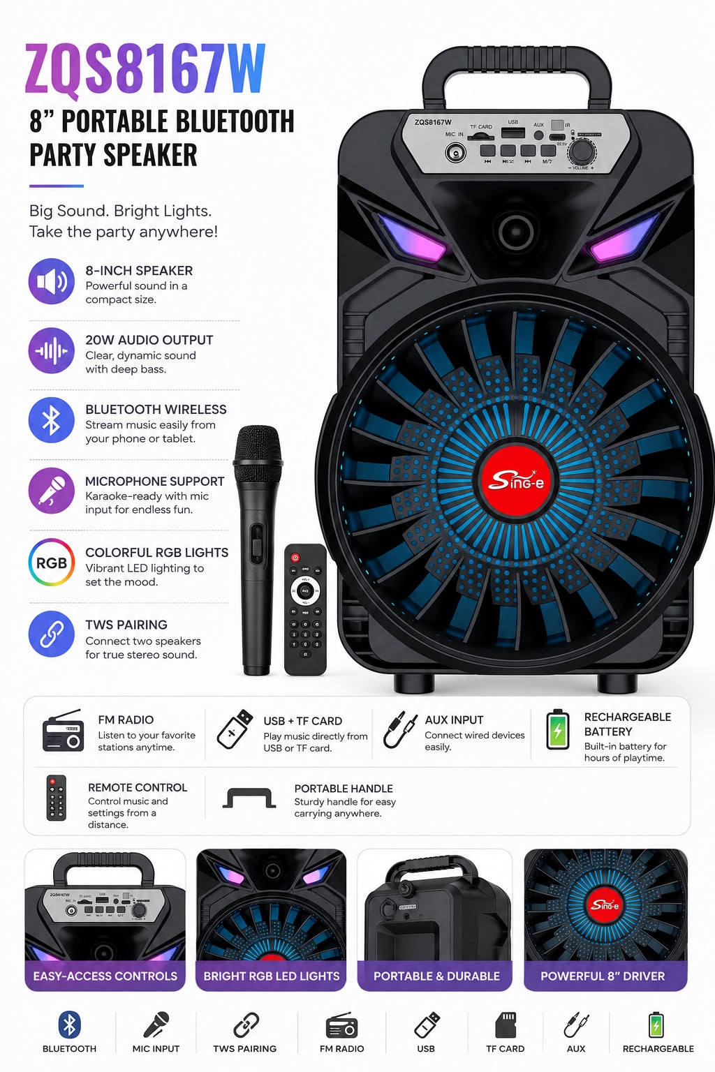 ZQS8167W 8-Inch Portable Bluetooth Party Speaker with RGB Lights