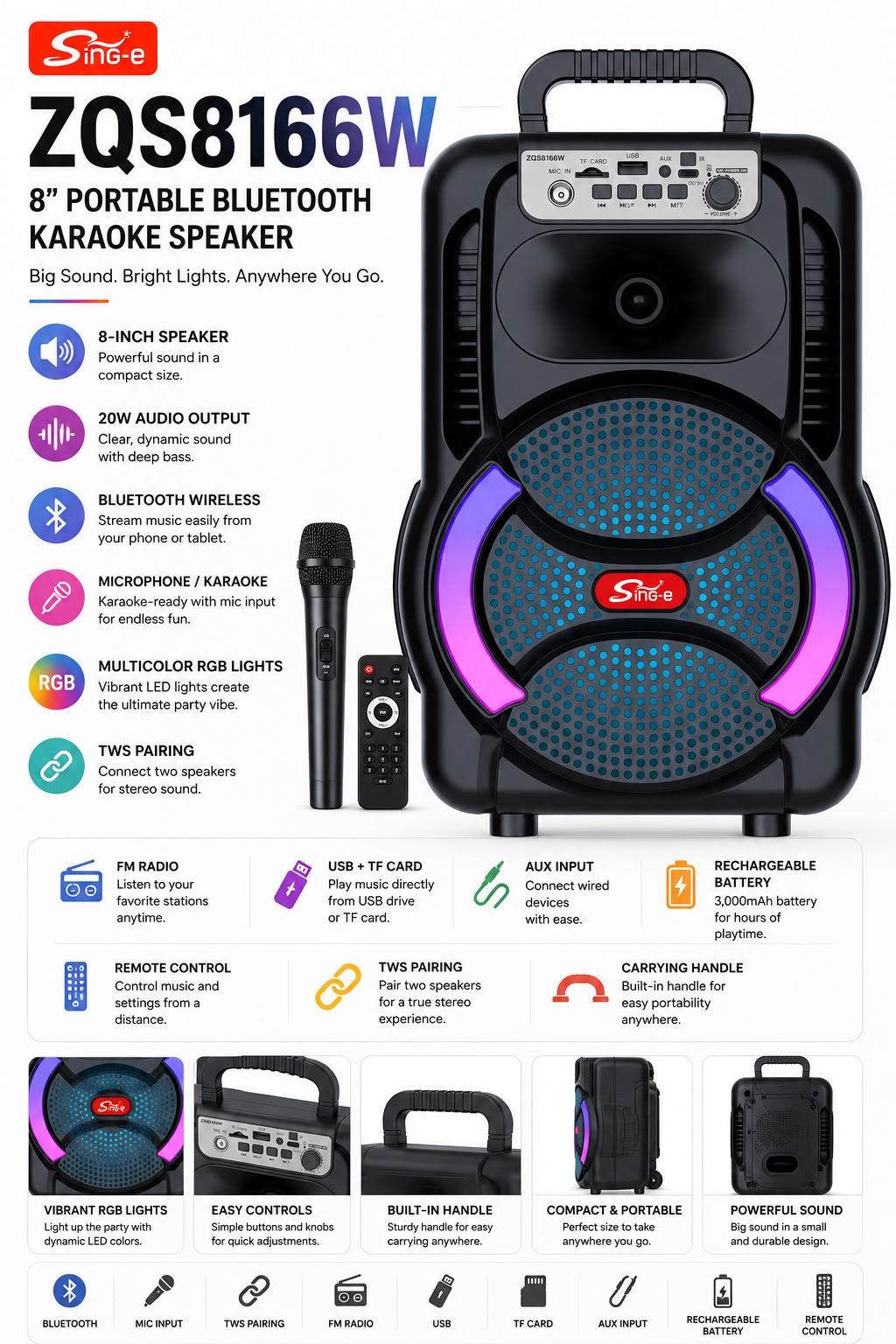 ZQS8166W 8-Inch Portable Bluetooth Karaoke Speaker with RGB Lights