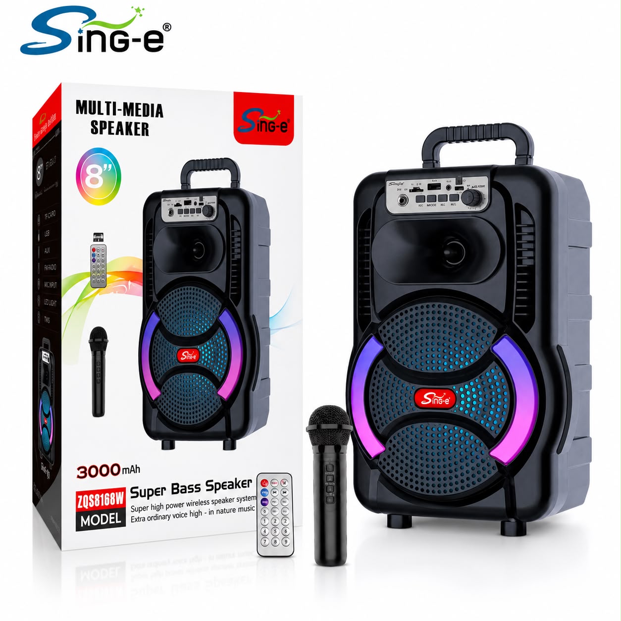 ZQS8166W 8-Inch Portable Bluetooth Karaoke Speaker with RGB Lights