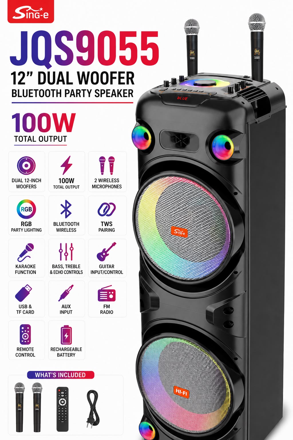 JQS9055 12-Inch Dual-Woofer Bluetooth Karaoke Party Speaker