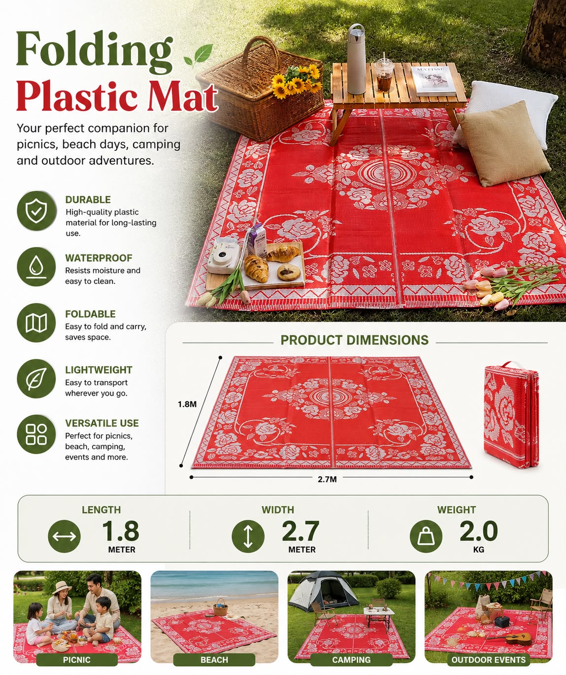 Folding Plastic Outdoor Mat – 1.8 × 2.7m