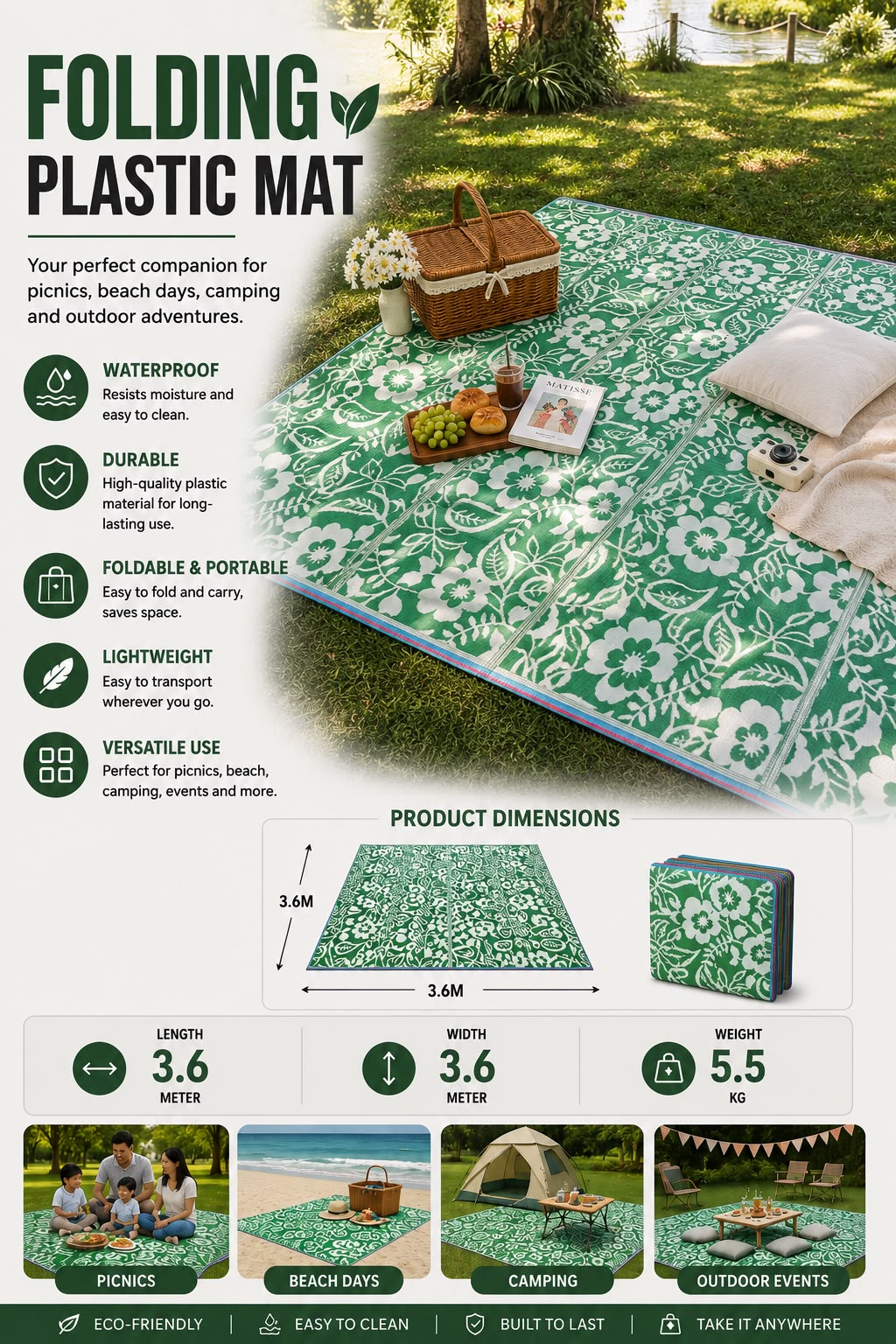 Large Folding Plastic Outdoor Mat – 3.6 × 3.6m