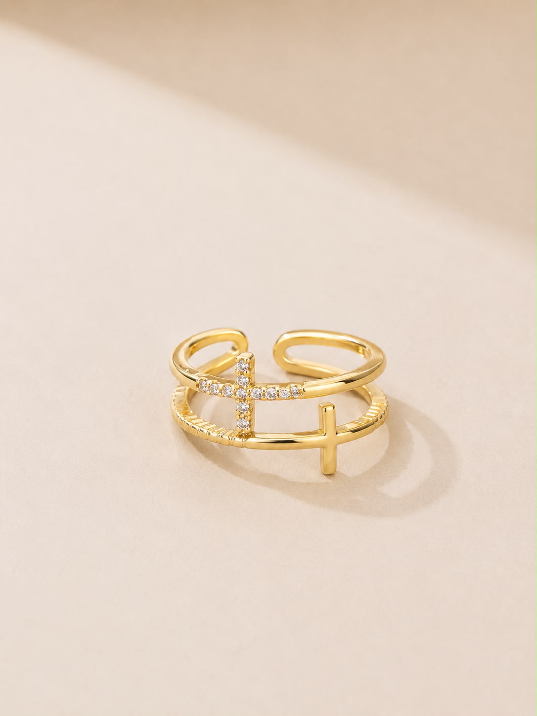 Gold-Tone Crystal Cross Open Ring